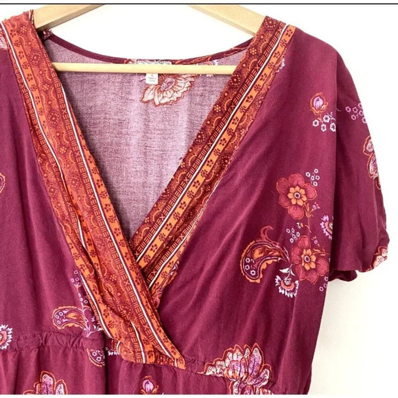 Eyeshadow Boho Floral Mini Sundress Faux Wrap Burgundy Hippie Women's Large - Picture 2 of 5